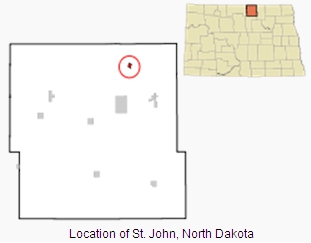 Image of rough map showing the location of the town of St. John within the State of North Dakota